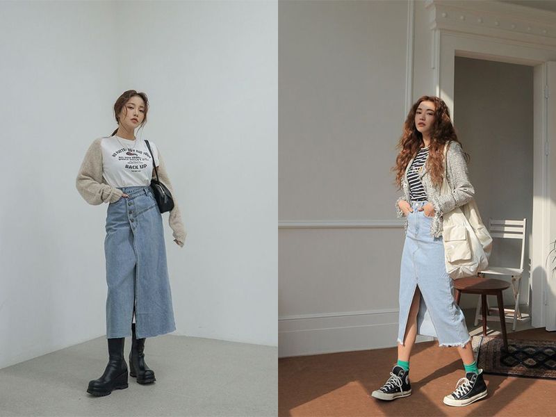 Mix & Match với chân váy bò dáng dài phù hợp mọi hoàn cảnh
